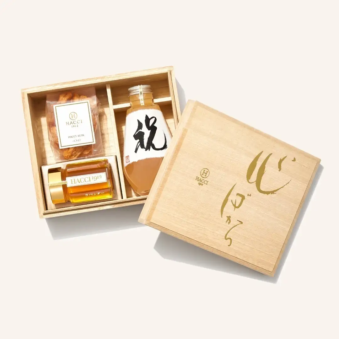 【予約】桐箱ドリンクセット（はちみつ飲料、はちみつ、ラスク）(ラベル：祝)