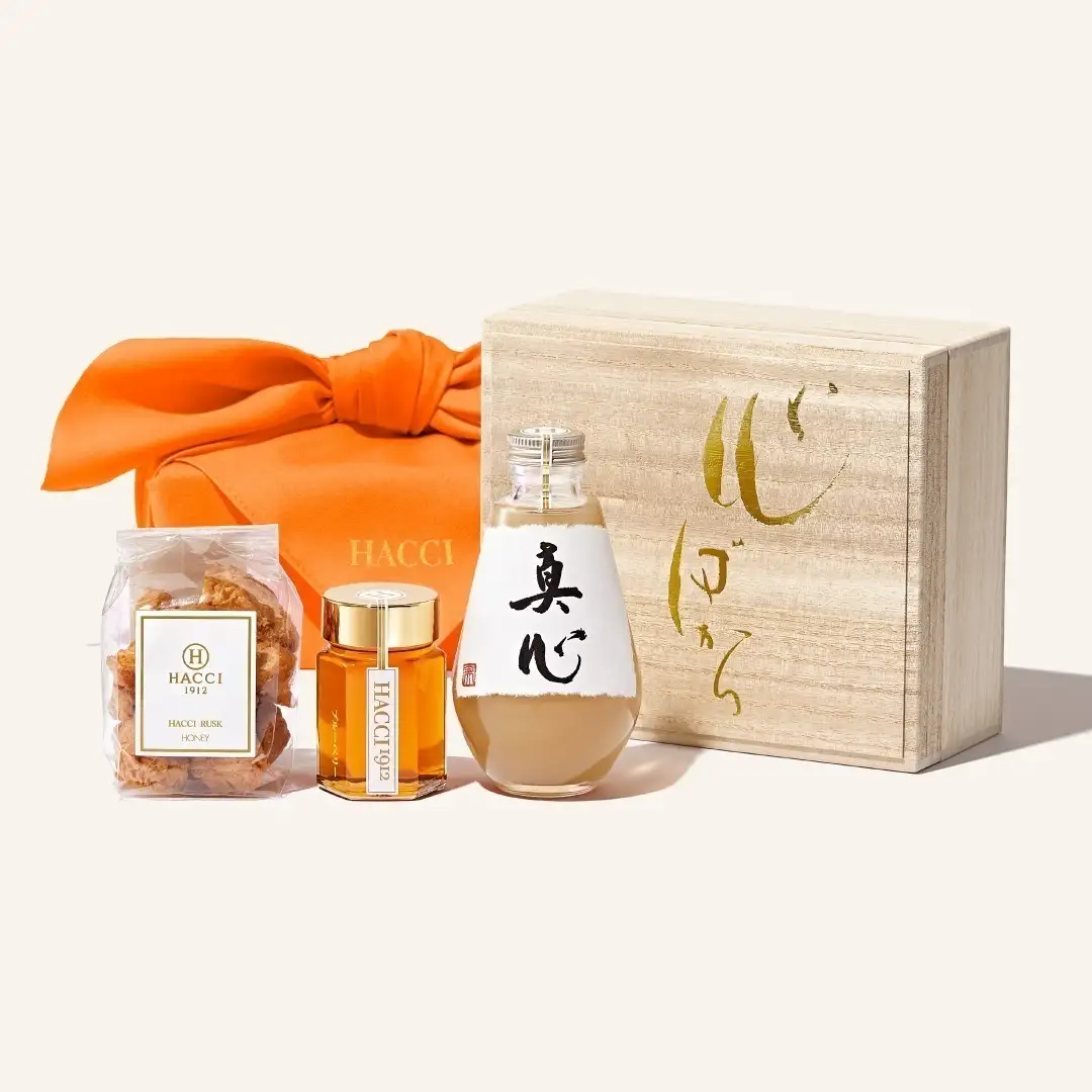 【予約】桐箱ドリンクセット（はちみつ飲料、はちみつ、ラスク）(風呂敷：だいだい)