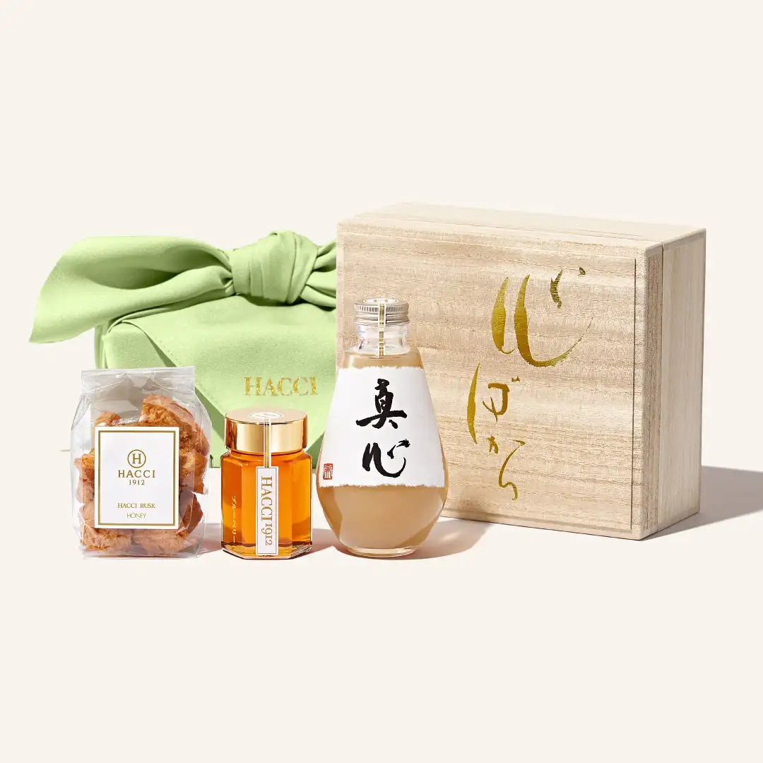 【予約】桐箱ドリンクセット（はちみつ飲料、はちみつ、ラスク）(風呂敷：わかくさ)
