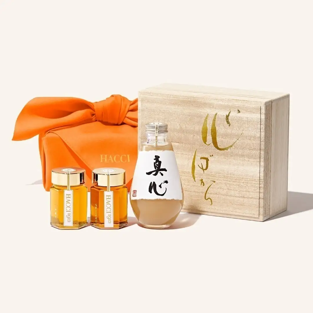  桐箱ドリンクセット（はちみつ飲料、はちみつ2本）(風呂敷：だいだい)