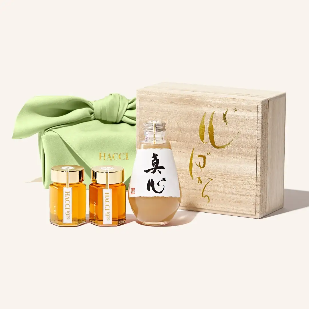  桐箱ドリンクセット（はちみつ飲料、はちみつ2本）(風呂敷：わかくさ)